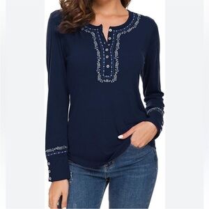 URBAN COCO Blue Embroidered 1/2 Button Down Long Sleeve Tee Large